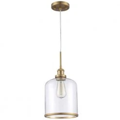 Dorina 1-Light Antique Gold Mason Jar Hanging Mini Kitchen Pendant Light with Clear Glass Shade by Bel Air Lighting -GlowNest Shop antique gold bel air lighting pendant lights pnd 2184 ag c3 1000