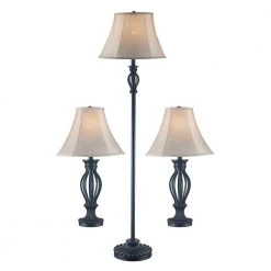 60.5 in. Rubbed Oil Bronze Floor and Table Lamp Set with Cream Fabric Shades (3-Piece Set) by Bel Air Lighting