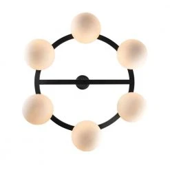 6-Light Black and Gold Wagon Wheel Chandelier with White Glass Globe Shades by Bel Air Lighting -GlowNest Shop black and gold bel air lighting chandeliers 1001721110 1d 1000