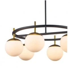 6-Light Black and Gold Wagon Wheel Chandelier with White Glass Globe Shades by Bel Air Lighting -GlowNest Shop black and gold bel air lighting chandeliers 1001721110 1f 1000