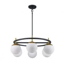 6-Light Black and Gold Wagon Wheel Chandelier with White Glass Globe Shades by Bel Air Lighting -GlowNest Shop black and gold bel air lighting chandeliers 1001721110 4f 1000