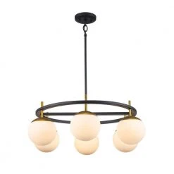 6-Light Black and Gold Wagon Wheel Chandelier with White Glass Globe Shades by Bel Air Lighting -GlowNest Shop black and gold bel air lighting chandeliers 1001721110 c3 1000