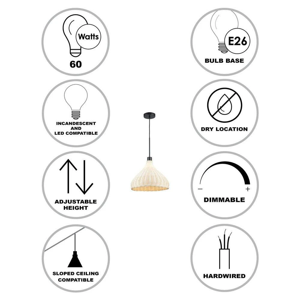 1-Light Black and Natural Rattan Basket Pendant Light with Woven Shade by Bel Air Lighting 5 1-Light Black and Natural Rattan Basket Pendant Light with Woven Shade by Bel Air Lighting - Image 3