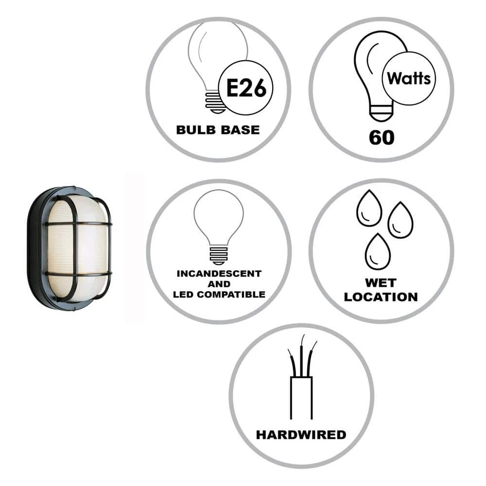 Aria 8.25 in. 1-Light Black Oval Bulkhead Outdoor Wall Light with Ribbed Glass by Bel Air Lighting 5 Aria 8.25 in. 1-Light Black Oval Bulkhead Outdoor Wall Light with Ribbed Glass by Bel Air Lighting - Image 3