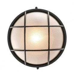 Aria 10 in. 1-Light Black Round Bulkhead Outdoor Wall Light with Frosted Glass by Bel Air Lighting