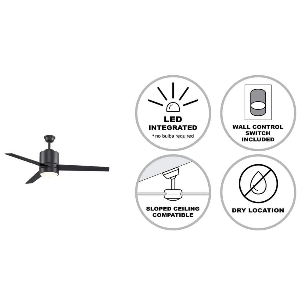 52 in. Integrated LED Indoor Black Modern Ceiling Fan with Light Kit and Wall Control Switch, 3-Blade by Bel Air Lighting 3 52 in. Integrated LED Indoor Black Modern Ceiling Fan with Light Kit and Wall Control Switch, 3-Blade by Bel Air Lighting - Image 2
