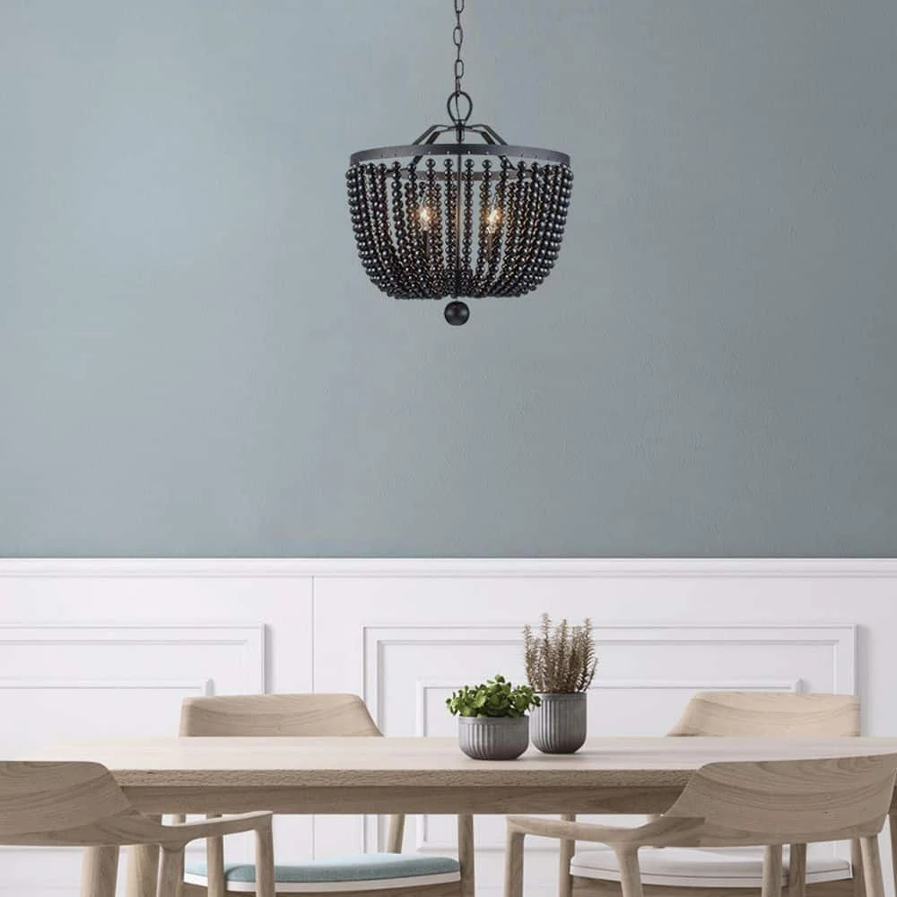 4-Light Black Beaded Chandelier with Hanging Beaded Shade by Bel Air Lighting 4 4-Light Black Beaded Chandelier with Hanging Beaded Shade by Bel Air Lighting - Image 2