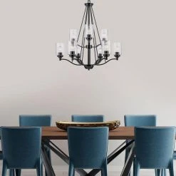 Simi 9-Light Black Modern Kitchen or Dining room Hanging Chandelier with Seeded Glass Shades by Bel Air Lighting -GlowNest Shop black bel air lighting chandeliers 80529 bk e1 1000