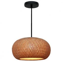 Bernice 18 in. 1-Light Black Bohemian Hanging Kitchen Pendant Light with Natural Rattan Shade by Bel Air Lighting