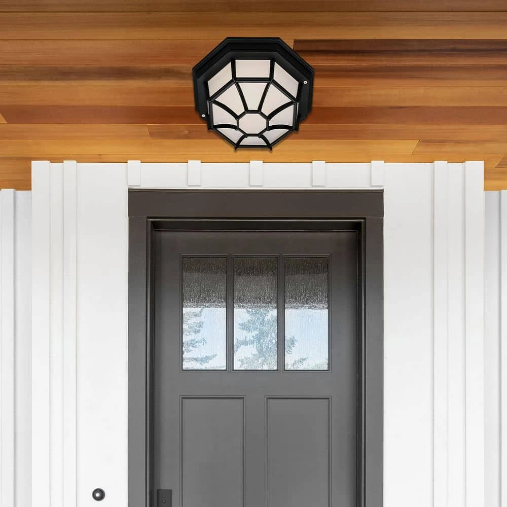 Benkert 11 in. 1-Light Black Outdoor Flush Mount Ceiling Light with Frosted Glass by Bel Air Lighting 4 Benkert 11 in. 1-Light Black Outdoor Flush Mount Ceiling Light with Frosted Glass by Bel Air Lighting - Image 2