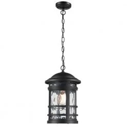 Boardwalk 15 in. 1-Light Black Hanging Outdoor Pendant Light with Water Glass by Bel Air Lighting
