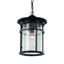 Avalon 11 in. 1-Light Black Hanging Outdoor Pendant Light with Crackled Glass by Bel Air Lighting