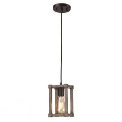 1-Light Black Hanging Mini Kitchen Pendant Light with Faux Wood Shade by Bel Air Lighting
