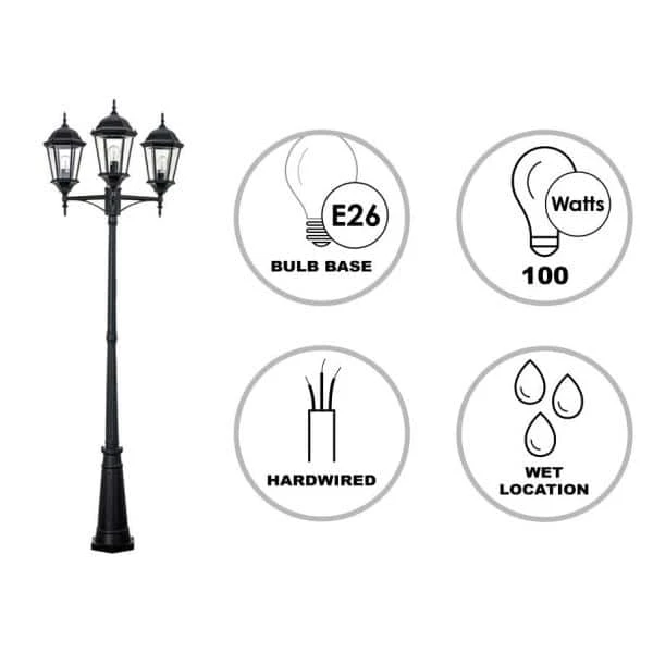 Classical 8 ft. 3-Light Black Outdoor Lamp Post Light Set with Clear Glass by Bel Air Lighting 4 Classical 8 ft. 3-Light Black Outdoor Lamp Post Light Set with Clear Glass by Bel Air Lighting - Image 3