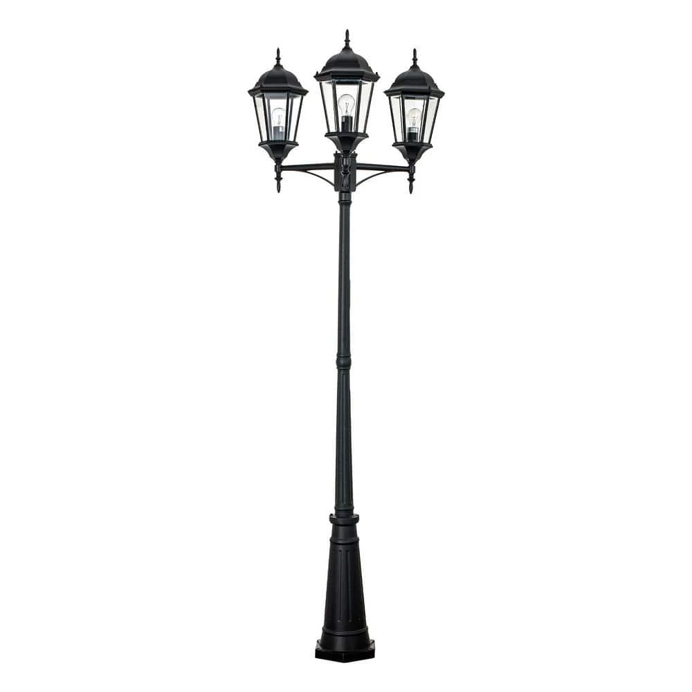 Classical 8 ft. 3-Light Black Outdoor Lamp Post Light Set with Clear Glass by Bel Air Lighting 2 Classical 8 ft. 3-Light Black Outdoor Lamp Post Light Set with Clear Glass by Bel Air Lighting