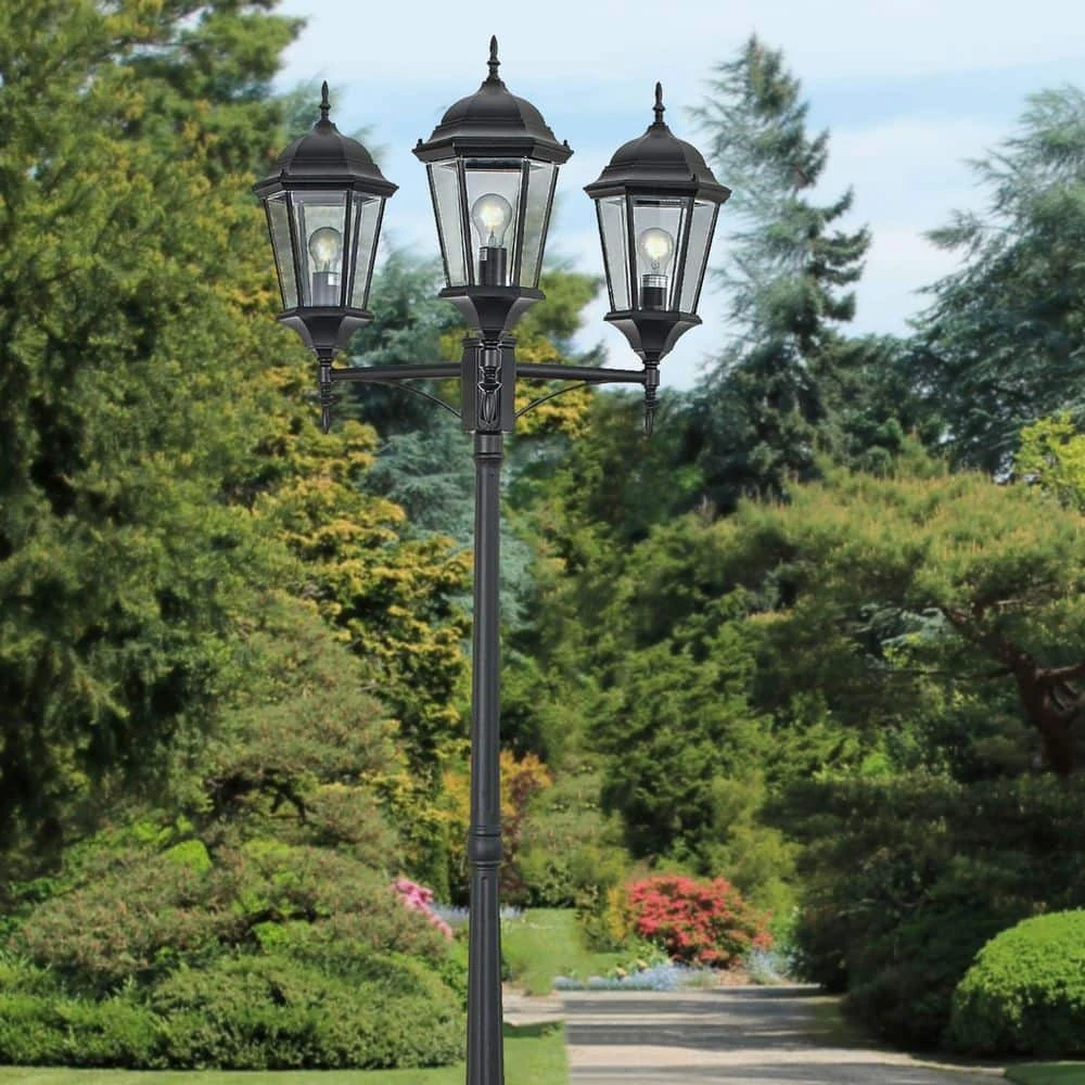 Classical 8 ft. 3-Light Black Outdoor Lamp Post Light Set with Clear Glass by Bel Air Lighting 3 Classical 8 ft. 3-Light Black Outdoor Lamp Post Light Set with Clear Glass by Bel Air Lighting - Image 2