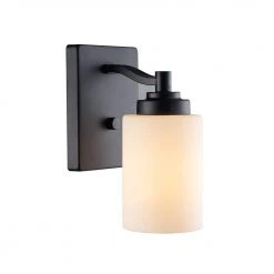 Mod Pod 4.5 in. 1-Light Black Wall Sconce Light Fixture with Frosted Glass Cylinder Shade by Bel Air Lighting -GlowNest Shop black bel air lighting vanity lighting 70521 bk c3 1000