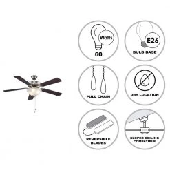 52 in. Indoor Brushed Nickel Ceiling Fan with Light Kit and Pull Chain, 5 Reversible Blades by Bel Air Lighting -GlowNest Shop brushed nickel bel air lighting ceiling fans with lights f 2000 bn c3 1000