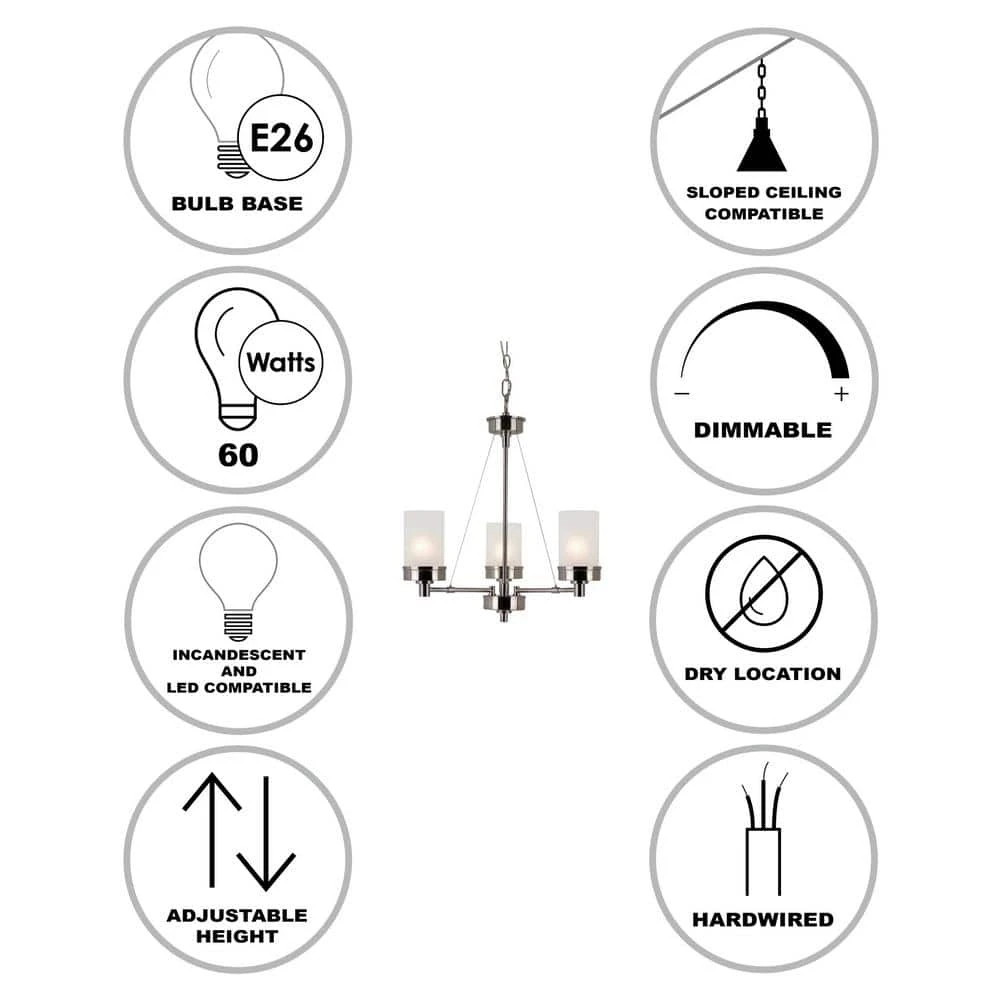 Fusion 3-Light Brushed Nickel Chandelier for Dining Room with Frosted Glass Shades by Bel Air Lighting 4 Fusion 3-Light Brushed Nickel Chandelier for Dining Room with Frosted Glass Shades by Bel Air Lighting - Image 2