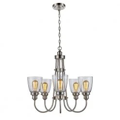 Jennifer 5-Light Brushed Nickel Industrial Chandelier for Dining Room with Clear Glass Shades by Bel Air Lighting