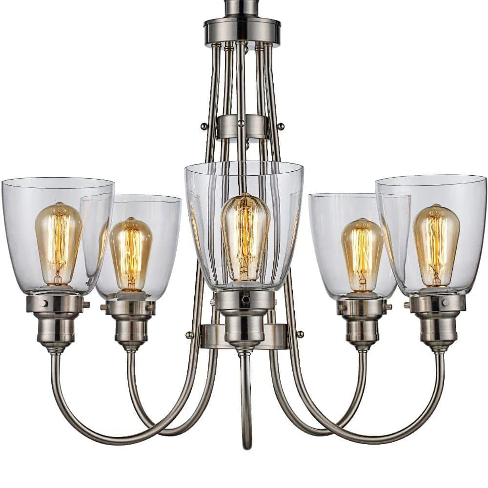 Jennifer 5-Light Brushed Nickel Industrial Chandelier for Dining Room with Clear Glass Shades by Bel Air Lighting 6 Jennifer 5-Light Brushed Nickel Industrial Chandelier for Dining Room with Clear Glass Shades by Bel Air Lighting - Image 4