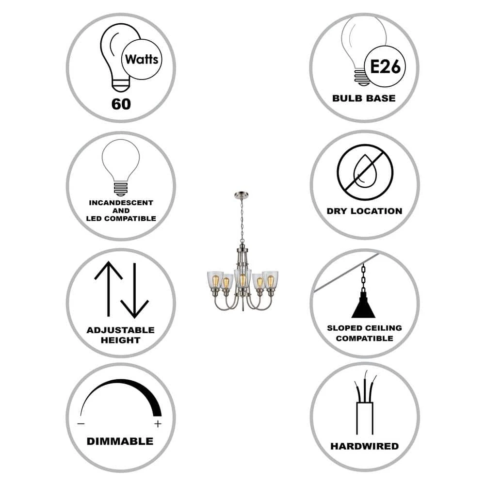 Jennifer 5-Light Brushed Nickel Industrial Chandelier for Dining Room with Clear Glass Shades by Bel Air Lighting 4 Jennifer 5-Light Brushed Nickel Industrial Chandelier for Dining Room with Clear Glass Shades by Bel Air Lighting - Image 2