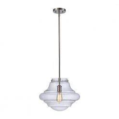 1-Light Brushed Nickel Schoolhouse Hanging Ktichen Pendant Light with Clear Glass Shade by Bel Air Lighting