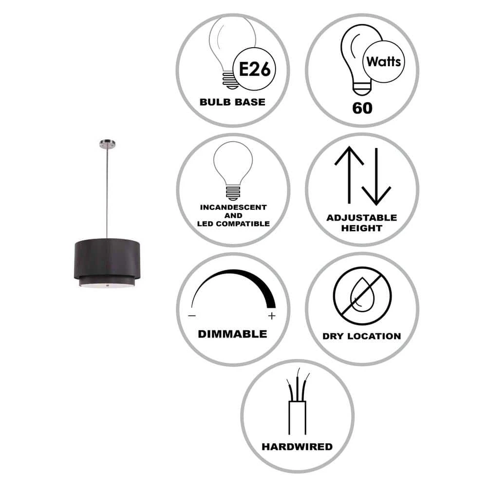 Schiffer 18 in. 3-Light Brushed Nickel Hanging Kitchen Pendant Light with Black Fabric Drum Shade by Bel Air Lighting 4 Schiffer 18 in. 3-Light Brushed Nickel Hanging Kitchen Pendant Light with Black Fabric Drum Shade by Bel Air Lighting - Image 2