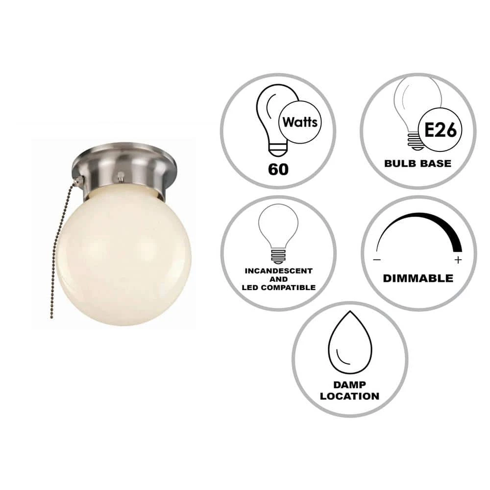 Dash 6 in. 1-Light Brushed Nickel Flush Mount Kitchen Ceiling Light Fixture with Opal Glass and Pull Chain by Bel Air Lighting 4 Dash 6 in. 1-Light Brushed Nickel Flush Mount Kitchen Ceiling Light Fixture with Opal Glass and Pull Chain by Bel Air Lighting - Image 2