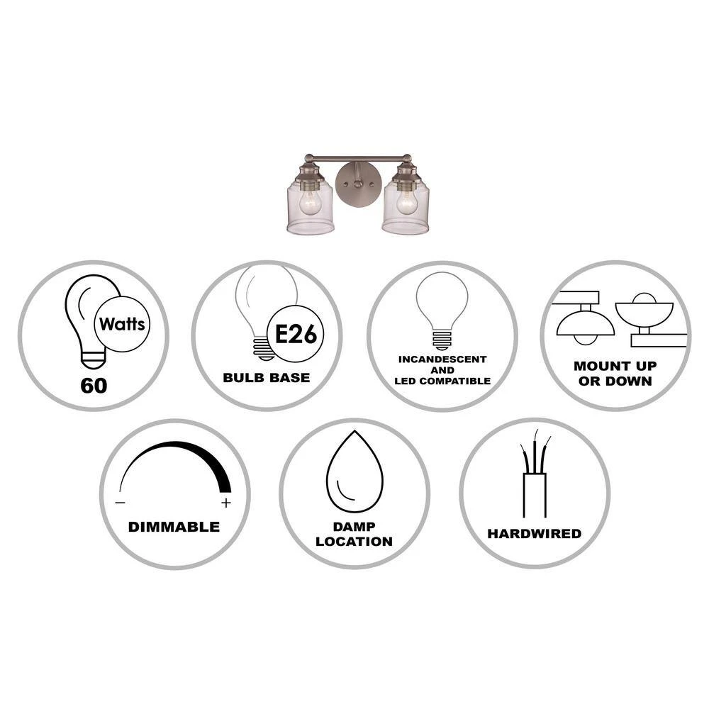 Agoura 14.25 in. 2-Light Brushed Nickel Bathroom Vanity Light Fixture with Clear Glass Shades by Bel Air Lighting 4 Agoura 14.25 in. 2-Light Brushed Nickel Bathroom Vanity Light Fixture with Clear Glass Shades by Bel Air Lighting - Image 2