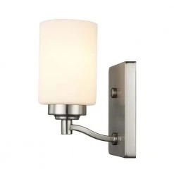 Mod Pod 4.5 in. 1-Light Brushed Nickel Wall Sconce Light Fixture with Frosted Glass Cylinder Shade by Bel Air Lighting -GlowNest Shop brushed nickel bel air lighting vanity lighting 70521 bn c3 1000