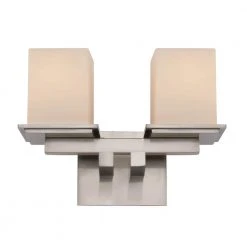 Fusion II 2-Light Brushed Nickel CFL Bathroom Vanity Light Fixture with Square Frosted Glass Shades by Bel Air Lighting