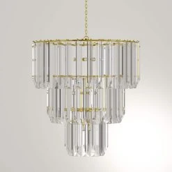 Tranquility 9-Light Polished Brass Tiered Chandelier for Dining Room with Beveled Acrylic Crystal Shade by Bel Air Lighting -GlowNest Shop polished brass bel air lighting chandeliers 9647 pb 1d 1000