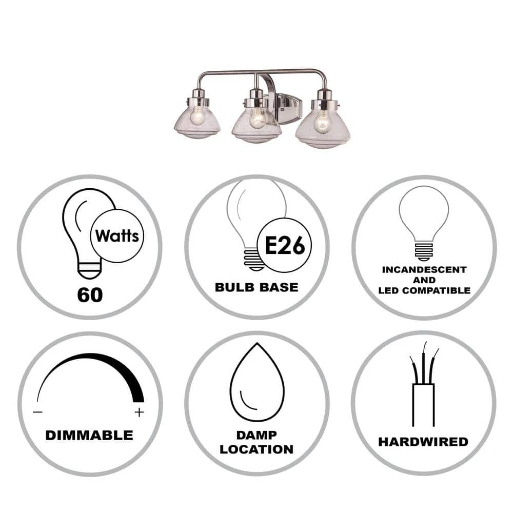 26.5 in. 3-Light Polished Chrome Bathroom Vanity Light Fixture with Seeded Glass Schoolhouse Shades by Bel Air Lighting 4 26.5 in. 3-Light Polished Chrome Bathroom Vanity Light Fixture with Seeded Glass Schoolhouse Shades by Bel Air Lighting - Image 2