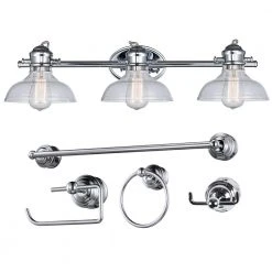 3-Light Polished Chrome Bathroom Vanity Light Fixture Set with Towel Hooks, Robe Hook, and Tissue Holder by Bel Air Lighting