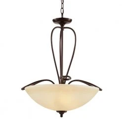 3-Light Oil Rubbed Bronze Shaded Hanging Kitchen Pendant Light with Amber Tea Stained Glass by Bel Air Lighting