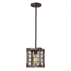 1-Light Oil Rubbed Bronze Hanging Mini Kitchen Pendant Light with Faux Wood Shade by Bel Air Lighting
