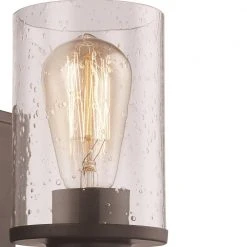 Siesta 4.75 in. 1-Light Oil Rubbed Bronze and Faux Wood Wall Sconce Light Fixture with Seeded Glass by Bel Air Lighting -GlowNest Shop rubbed oil bronze bel air lighting vanity lighting 21841 rob 4f 1000