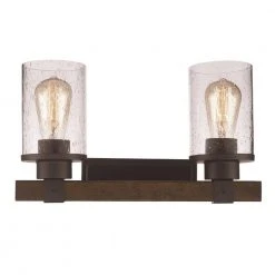 Siesta 15 in. 2-Light Oil Rubbed Bronze and Faux Wood Bathroom Vanity Light Fixture with Seeded Glass by Bel Air Lighting