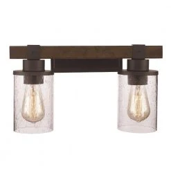 Siesta 15 in. 2-Light Oil Rubbed Bronze and Faux Wood Bathroom Vanity Light Fixture with Seeded Glass by Bel Air Lighting -GlowNest Shop rubbed oil bronze bel air lighting vanity lighting 21842 rob c3 1000
