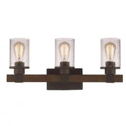 Siesta 22.75 in. 3-Light Oil Rubbed Bronze and Faux Wood Bathroom Vanity Light Fixture with Seeded Glass by Bel Air Lighting