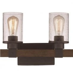 Siesta 32 in. 4-Light Oil Rubbed Bronze and Faux Wood Bathroom Vanity Light Fixture with Seeded Glass by Bel Air Lighting -GlowNest Shop rubbed oil bronze bel air lighting vanity lighting 21844 rob 4f 1000
