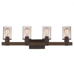 Siesta 32 in. 4-Light Oil Rubbed Bronze and Faux Wood Bathroom Vanity Light Fixture with Seeded Glass by Bel Air Lighting
