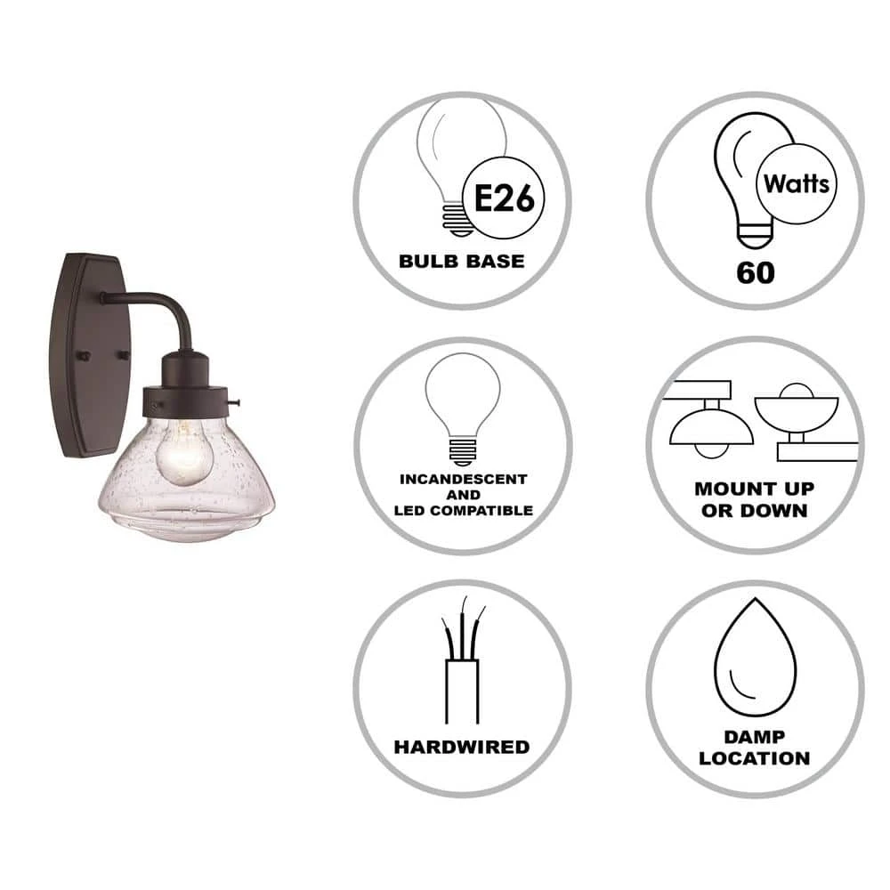 Colorado 6.5 in. 1-Light Oil Rubbed Bronze Wall Sconce Light Fixture with Seeded Glass Schoolhouse Shade by Bel Air Lighting 4 Colorado 6.5 in. 1-Light Oil Rubbed Bronze Wall Sconce Light Fixture with Seeded Glass Schoolhouse Shade by Bel Air Lighting - Image 2