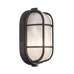 Aria 8.25 in. 1-Light Rust Oval Bulkhead Outdoor Wall Light with Ribbed Glass by Bel Air Lighting