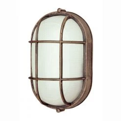 Aria 11 in. 1-Light Rust Oval Bulkhead Outdoor Wall Light with Ribbed Glass by Bel Air Lighting