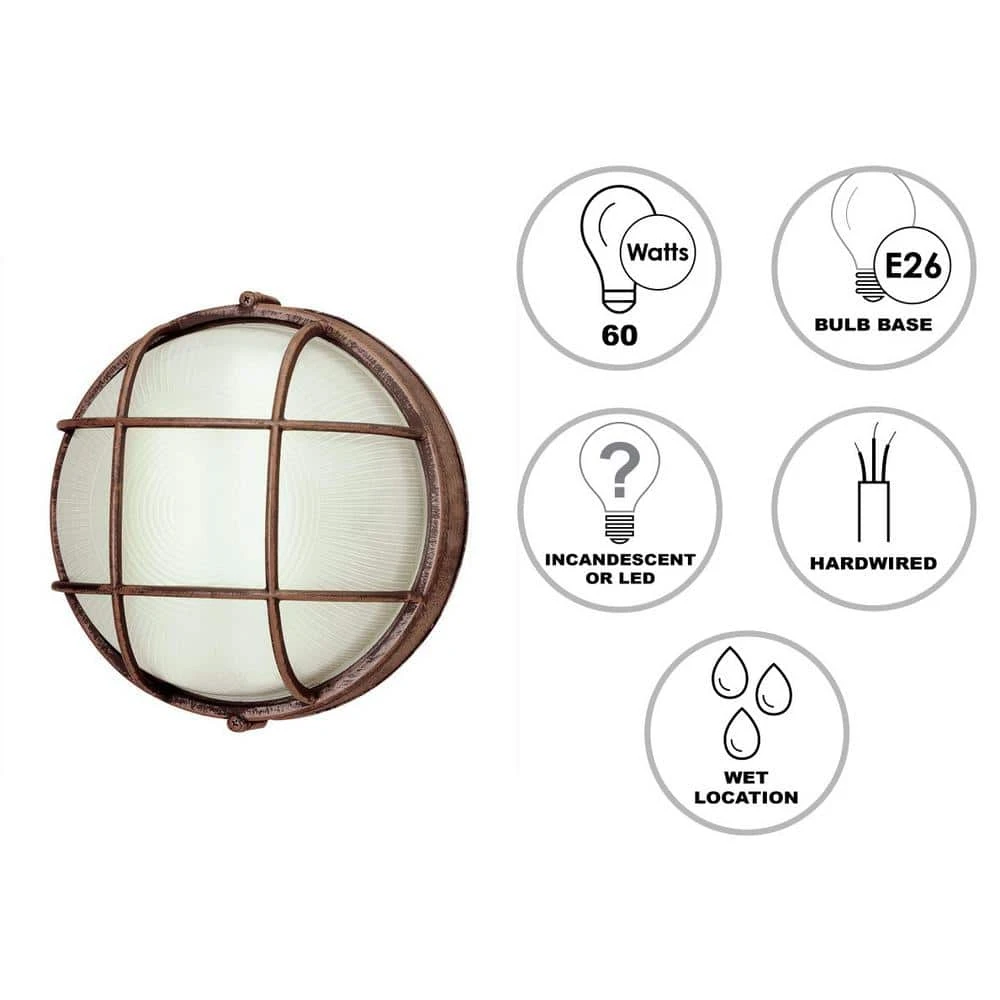 Aria 8 in. 1-Light Rust Round Bulkhead Outdoor Wall Light with Frosted Glass by Bel Air Lighting 5 Aria 8 in. 1-Light Rust Round Bulkhead Outdoor Wall Light with Frosted Glass by Bel Air Lighting - Image 3
