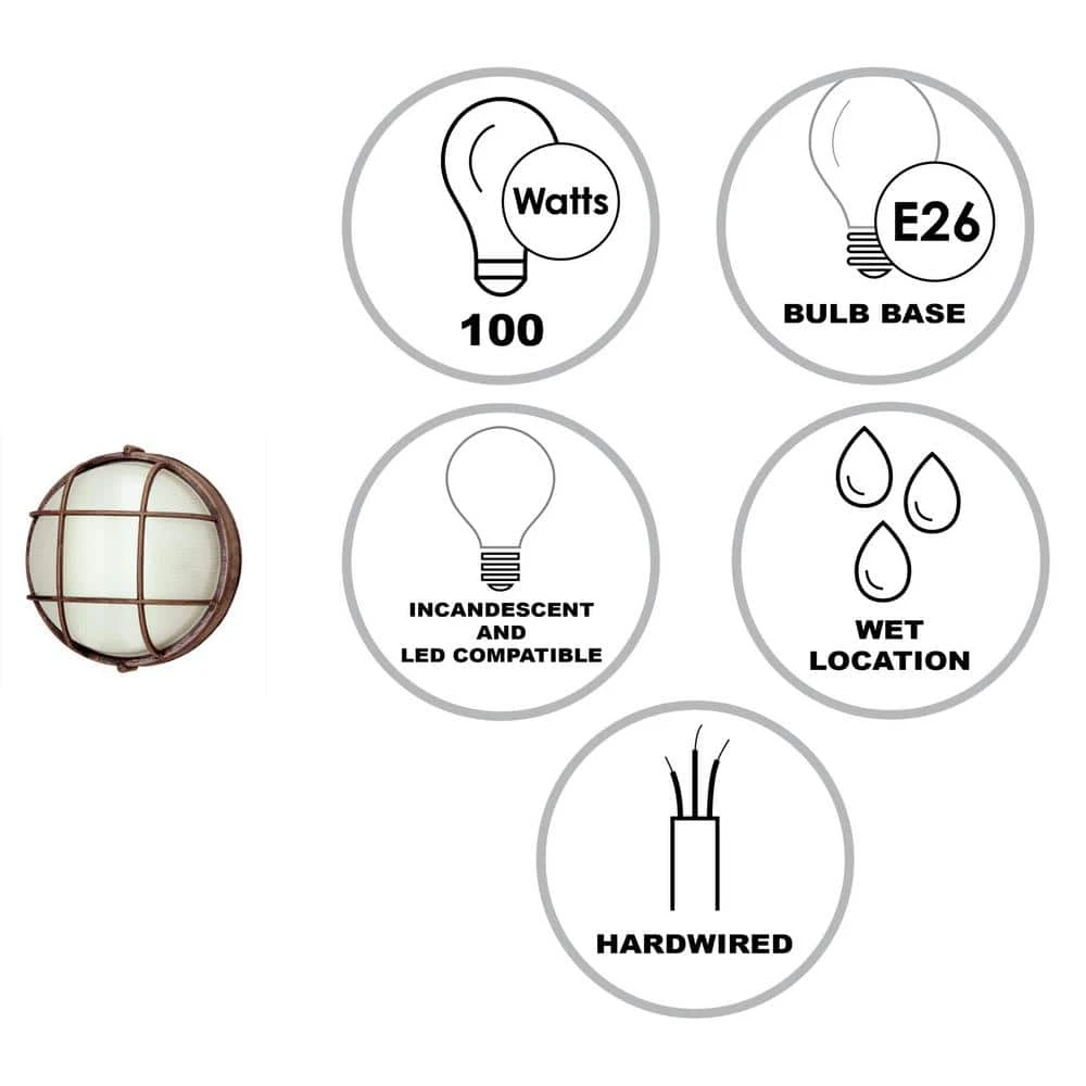 Aria 10 in. 1-Light Rust Round Bulkhead Outdoor Wall Light with Frosted Glass by Bel Air Lighting 5 Aria 10 in. 1-Light Rust Round Bulkhead Outdoor Wall Light with Frosted Glass by Bel Air Lighting - Image 3