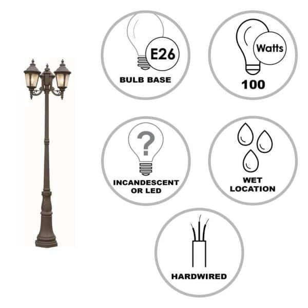 Commons 7 ft. 3-Light Rust Outdoor Lamp Post Light Set with Seeded Glass by Bel Air Lighting 4 Commons 7 ft. 3-Light Rust Outdoor Lamp Post Light Set with Seeded Glass by Bel Air Lighting - Image 2