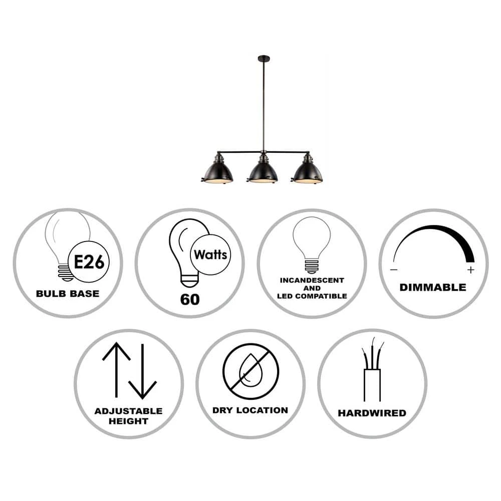 Performance 3-Light Weathered Bronze Hanging Kitchen Island Pendant Light with Metal Shades by Bel Air Lighting 5 Performance 3-Light Weathered Bronze Hanging Kitchen Island Pendant Light with Metal Shades by Bel Air Lighting - Image 3